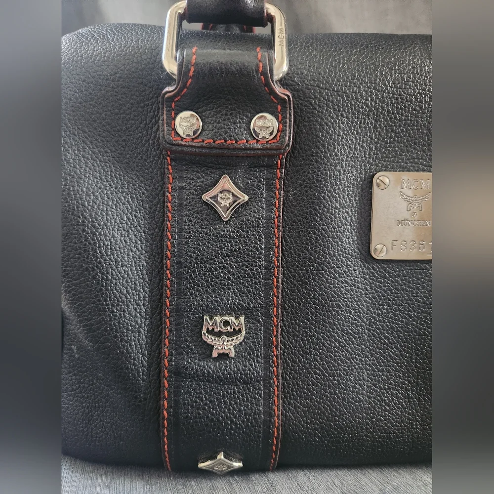 MCM Black Pebbled Leather Studded Boston Bag - Picture 4 of 12